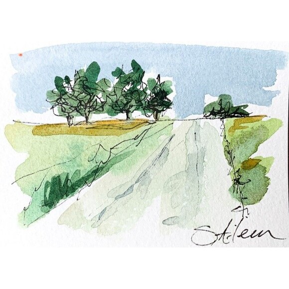 Other - ACEO Landscape Painting Watercolor Ink Country Path Road Sky Grn Field Signed